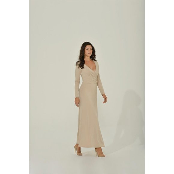 Beige Maxi Dress w/ High Slit | Long Sleeve | NWT | Fitted - Picture 3 of 6